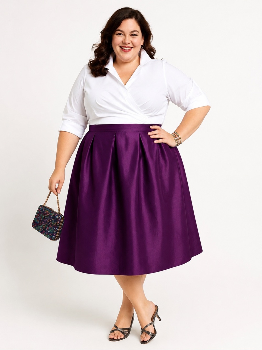Sexy Diva Deep Purple Box Pleat Midi Skirt 1X –‎ Silk Shantung Look